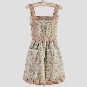 Apron Bib Waist Ties Retro Style Pockets Green Floral Tan Polka Dot Ruffle Trim